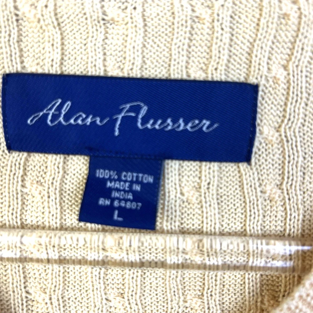 Alan Fluesser V Neck Cable Knit Sweater Vest Men Large Yellow Cotton Preppy Golf